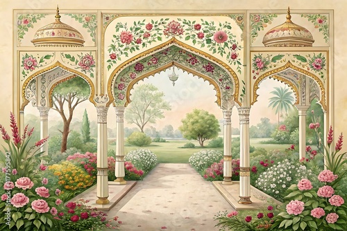 llustration of a traditional Mughal arch garden wedding invitation frame photo