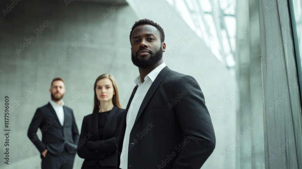 Professional team of executives in stylish black suits posing confidently in a contemporary office setting with minimalist architecture and ample copyspace. Professional team of executives in stylish black suits posing confidently in a contemporary office setting with minimalist architecture and ample copyspace.