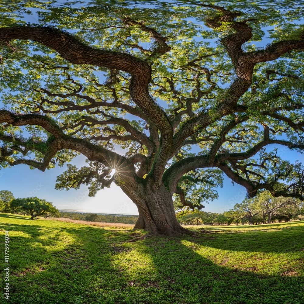 Obraz premium Panoramic view of the sprawling branches of the Angel Oak Tree, showcasing its majestic canopy and intricate, twisting limbs in serene nature