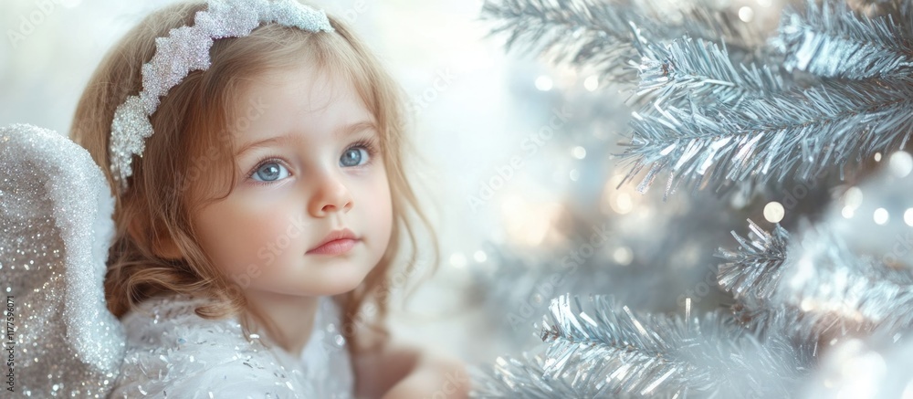 Charming portrait of a young girl as a celestial angel beside a shimmering silver Christmas tree, with soft pastel colors and festive bokeh background. Charming portrait of a young girl as a celestial angel beside a shimmering silver Christmas tree, with soft pastel colors and festive bokeh background.