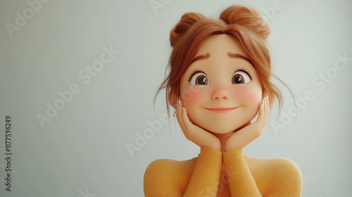 A whimsical 3D rendering of a cheerful young woman with freckles and auburn hair in buns, resting her face on her hands and smiling warmly with big brown eyes