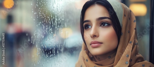 Elegant portrait of a beautiful Muslim woman gazing out of a rainy window, soft neutral tones and raindrops enhancing the serene atmosphere with ample copyspace. photo