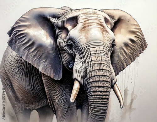 Close-up artistic illustration of an elephant with textured skin, large ears, and ivory tusks, highlighting its majestic features. photo