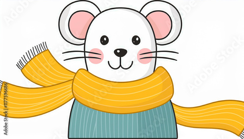 white mouse wearing winter sweater and yellowscarf illustration in pastel colors for nursery textile isolated on white photo