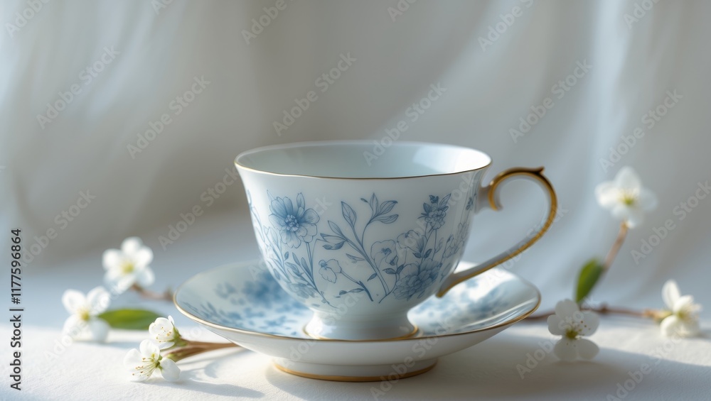 Serene Spring Teacup Blue Tea Floral Design White Blossoms. Serene Spring Teacup Blue Tea Floral Design White Blossoms.
