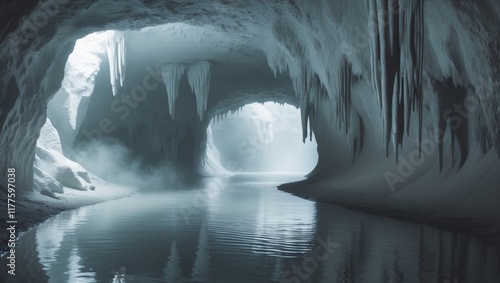 Serene underground cave tunnel with a mesmerizing waterway and reflective surfaces creating a captivating and otherworldly atmosphere for the adventurous explorer. photo