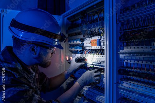A male electrician works in a switchboard in overalls against the backdrop of emergency lighting.