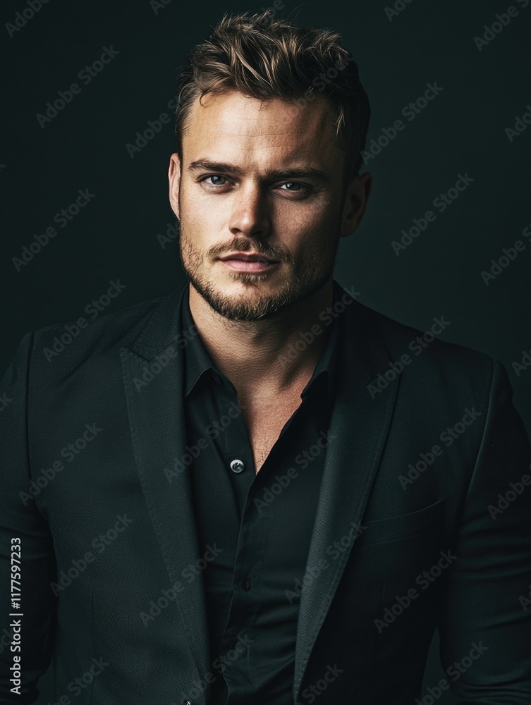 Stylish man in sleek black suit with a confident expression against a dark backdrop creating ample copyspace for text use in marketing or advertising. Stylish man in sleek black suit with a confident expression against a dark backdrop creating ample copyspace for text use in marketing or advertising.