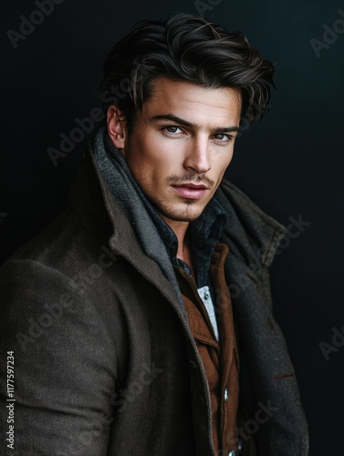 Handsome young male doctor in a stylish coat positioned against a dark backdrop with ample empty copyspace for text and branding elements. photo