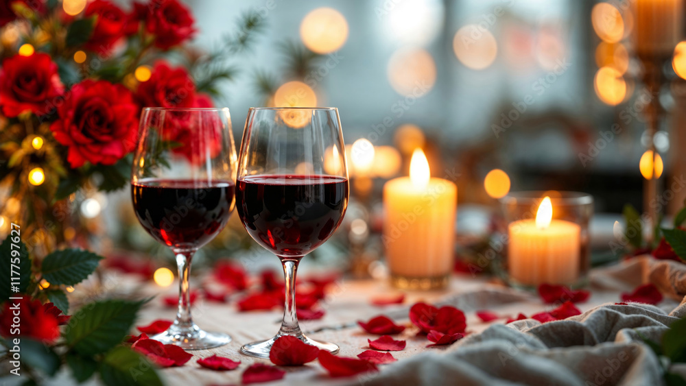 Close-up of two glasses of red wine on romantic dinner table decorated with bouquet of red roses, rose petals and candles. Soft bokeh lights in the background. Valentine's day celebration Close-up of two glasses of red wine on romantic dinner table decorated with bouquet of red roses, rose petals and candles. Soft bokeh lights in the background. Valentine's day celebration