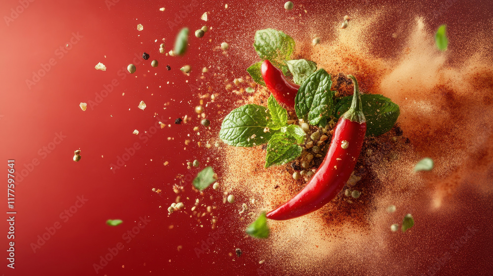 Fresh red chili peppers with mint leaves and spices create vibrant explosion Fresh red chili peppers with mint leaves and spices create vibrant explosion
