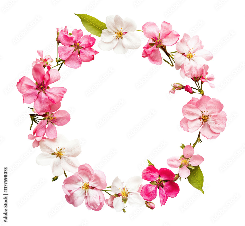 Elegant circular floral wreath with pink flowers image isolated transparent. Invitation greeting card cut out photo png. Spring theme. Decorative blooms cutout element object photography