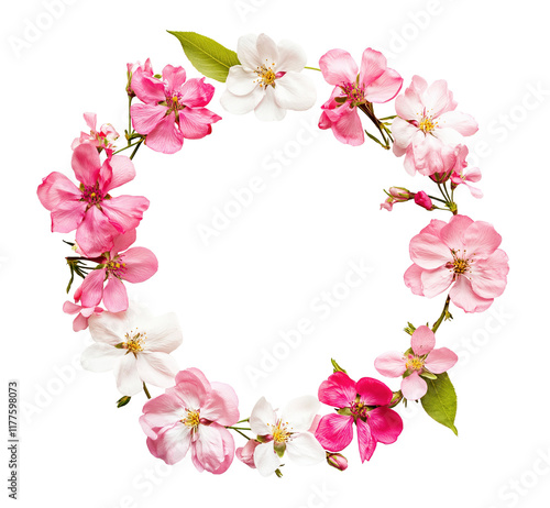 Elegant circular floral wreath with pink flowers image isolated transparent. Invitation greeting card cut out photo png. Spring theme. Decorative blooms cutout element object photography