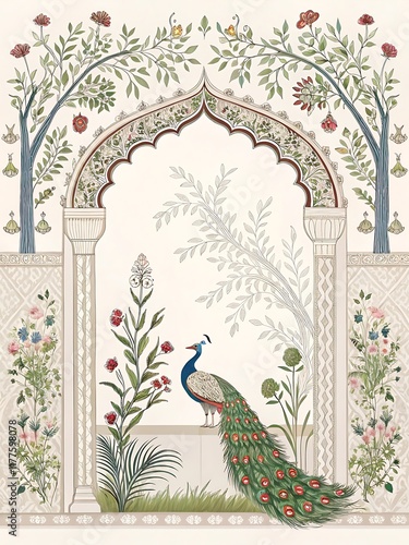 Wallpaper Mural Mughal ornate archway with peacock and floral design Torontodigital.ca