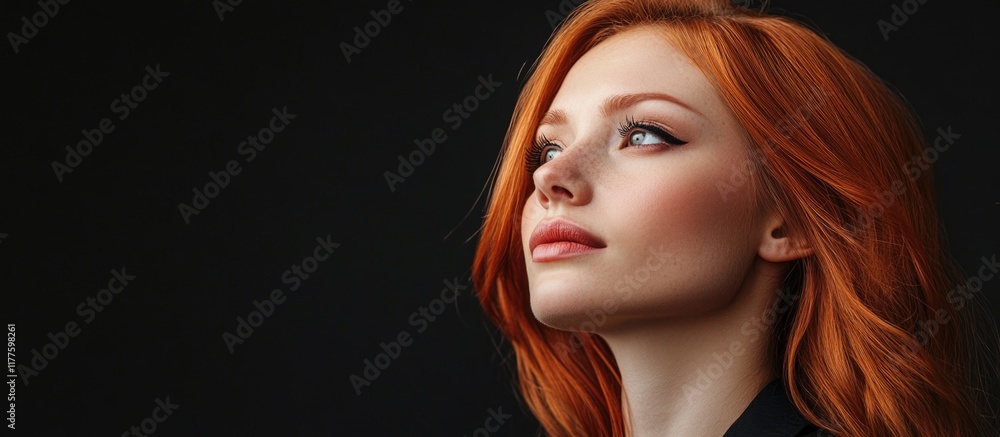 Red-haired businesswoman with striking beauty makeup against a black background highlighting facial features and ample copyspace for promotional text