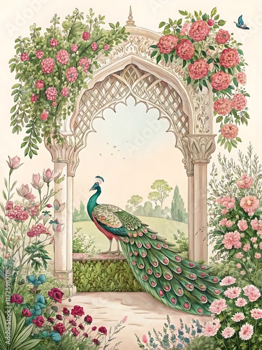 Mughal ornate archway with peacock and floral design