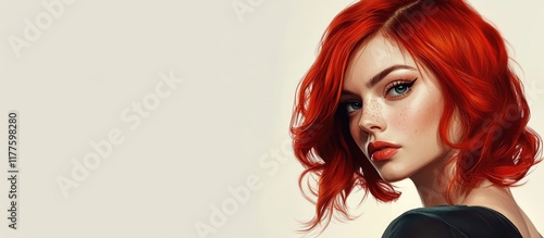 Stylish Red-Haired Fashion Model Portrait Against Neutral Background with Ample Copy Space for Text in Vibrant Colors and Dramatic Lighting photo