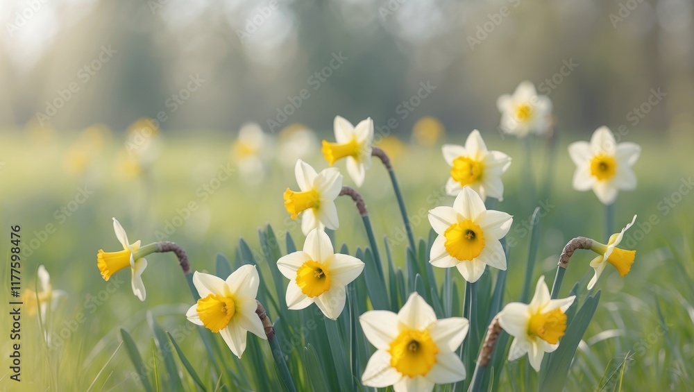Sunlit Daffodils in a Tranquil Spring Meadow. Sunlit Daffodils in a Tranquil Spring Meadow.