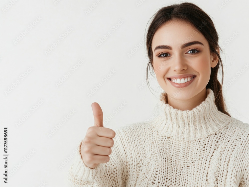 Positive pregnant woman in cozy white knit sweater smiling and giving thumbs up gesture against plain white background, ideal for product endorsement and approval concepts. Positive pregnant woman in cozy white knit sweater smiling and giving thumbs up gesture against plain white background, ideal for product endorsement and approval concepts.