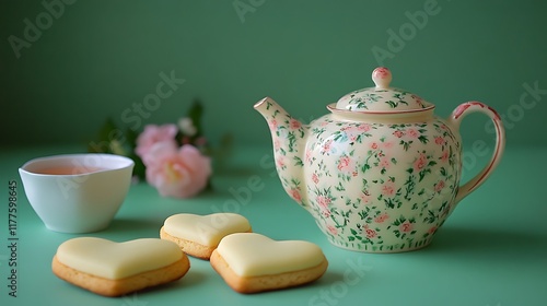 Floral teapot near heart shaped butter cookies on green background photo