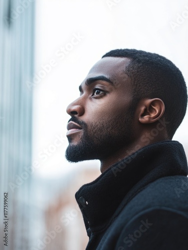 Serious black man in profile against urban backdrop with blurred cityscape, neutral tones, and ample copyspace for inspirational text. photo