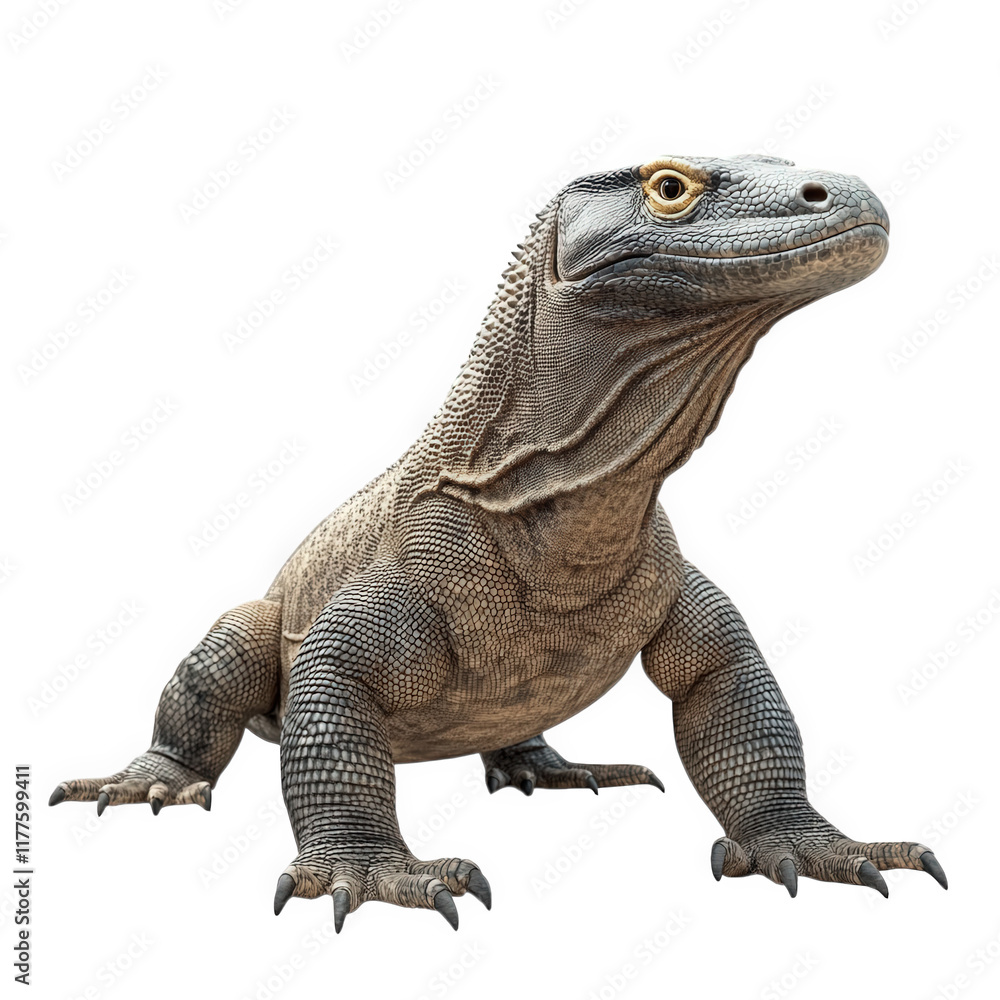 Obraz premium large. realistic depiction of a komodo dragon. showcasing its detailed texture and posture the creature is presented against a plain white background. emphasizing its size and features. likely for edu