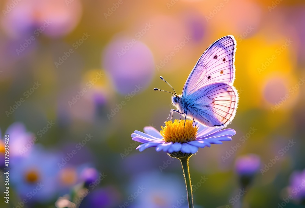 Naklejka premium Delicate Butterfly Perched on Wildflower with Soft Background Lighting