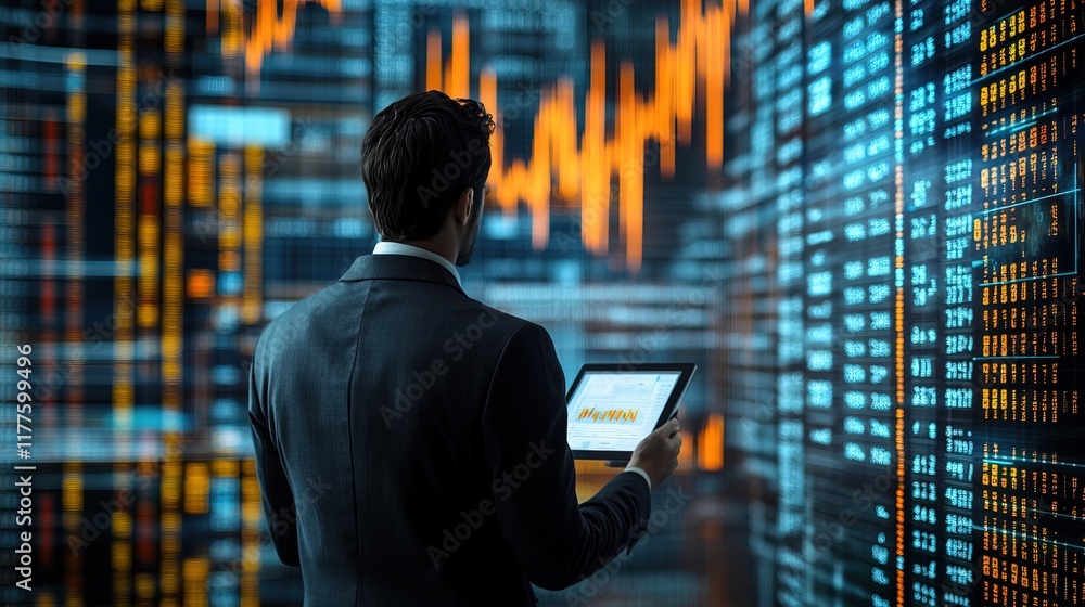 Fototapeta premium Businessman analyzing financial data on digital screen 