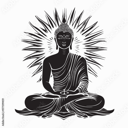 Black and white Buddha Images vector. Buddha sitting on a rock with the sun behind it.