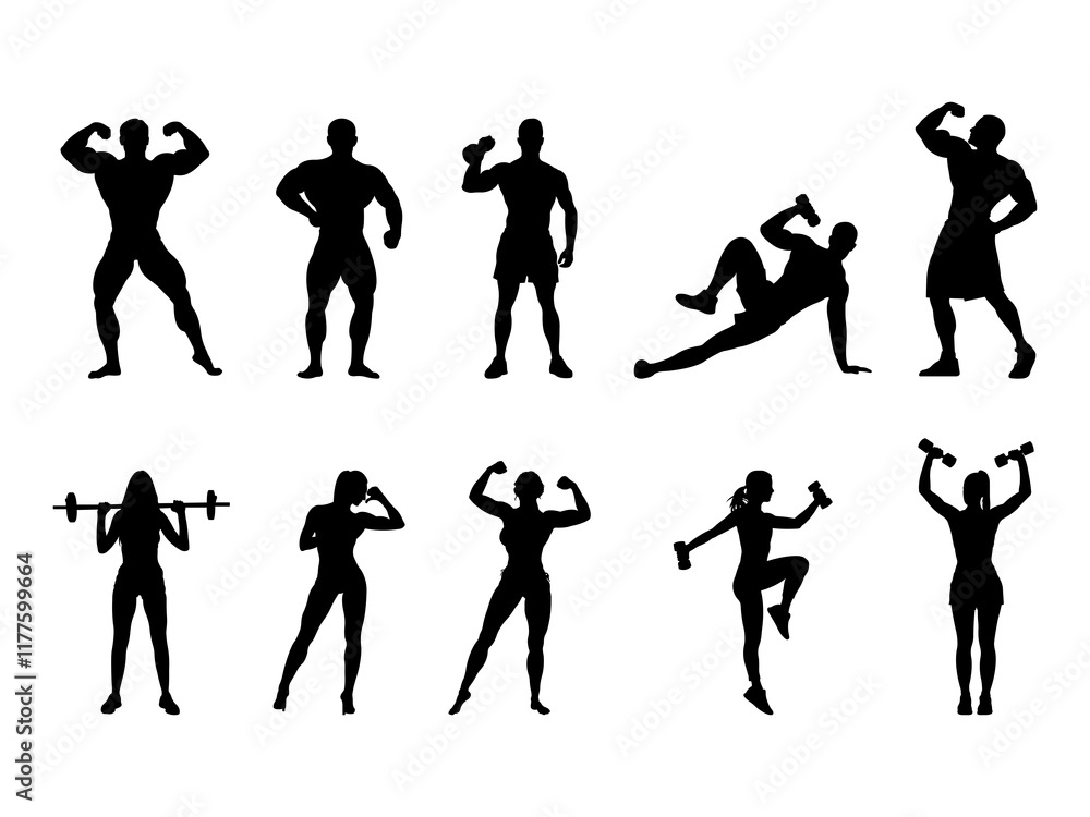 Set of Bodybuilder Silhouette in various poses isolated on white background Set of Bodybuilder Silhouette in various poses isolated on white background