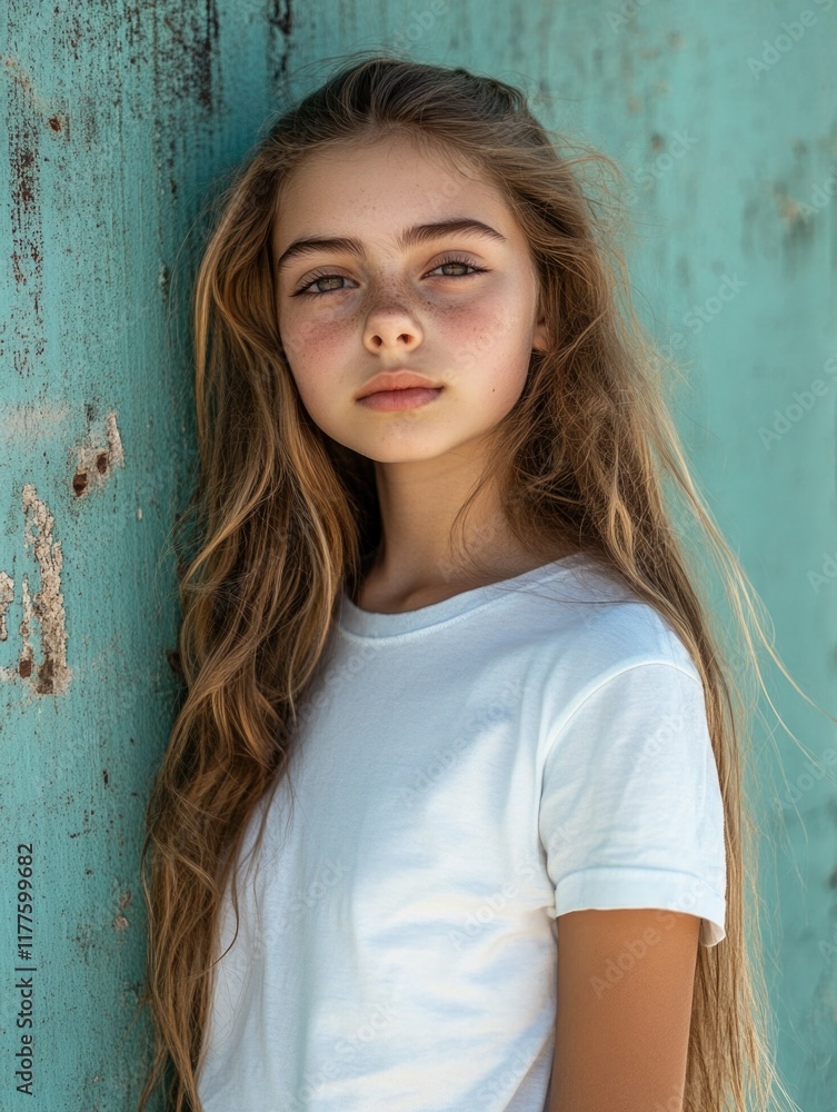 Portrait of a young girl with long wavy hair standing against a textured teal wall, serene expression, ideal for copy space and text overlay. Portrait of a young girl with long wavy hair standing against a textured teal wall, serene expression, ideal for copy space and text overlay.