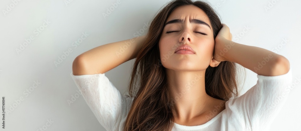 Young Hispanic woman experiencing neck pain due to sedentary lifestyle in soft light setting with large empty white background for text use. Young Hispanic woman experiencing neck pain due to sedentary lifestyle in soft light setting with large empty white background for text use.