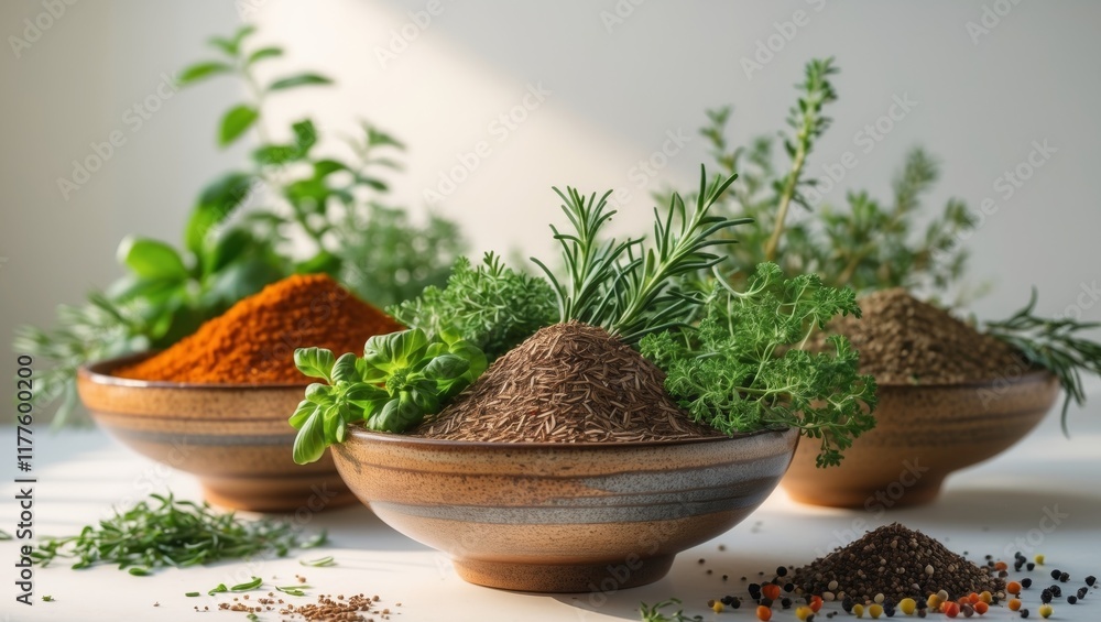 Vibrant display of culinary herbs and spices in elegant bowls that inspire culinary creativity and fragrant delights. Vibrant display of culinary herbs and spices in elegant bowls that inspire culinary creativity and fragrant delights.