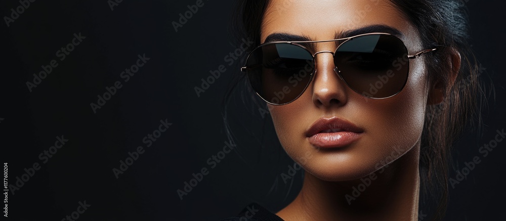 Young Hispanic woman with serious expression wearing stylish black sunglasses against dark background with large empty copyspace for text Young Hispanic woman with serious expression wearing stylish black sunglasses against dark background with large empty copyspace for text