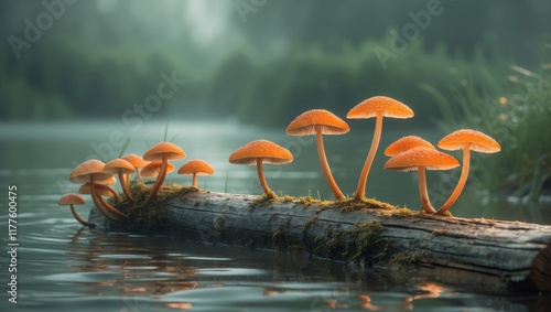 Vibrant Orange Mushrooms on Log by Water. photo