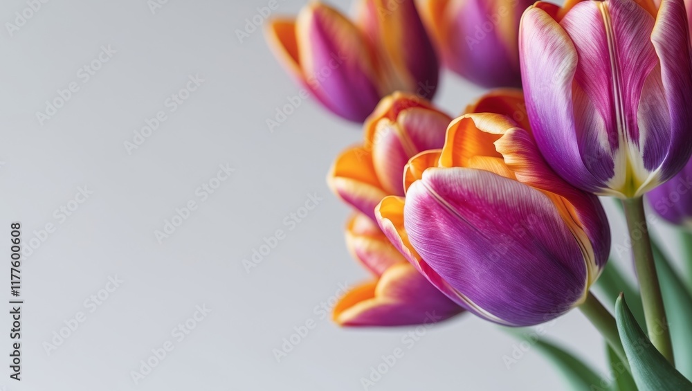 Fototapeta premium Vibrant tulip petals in shades of purple and orange for floral design