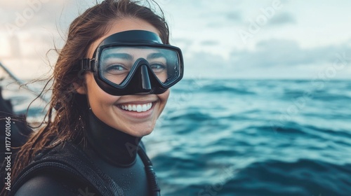 Joyful young woman in black neoprene diving suit and mask smiling on boat near blue ocean waves with vast empty sky for text addition
