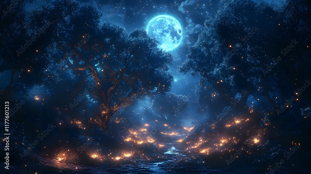 Fototapeta premium Moonlit Forest with Enchanted Fireflies in Ethereal Nightscape