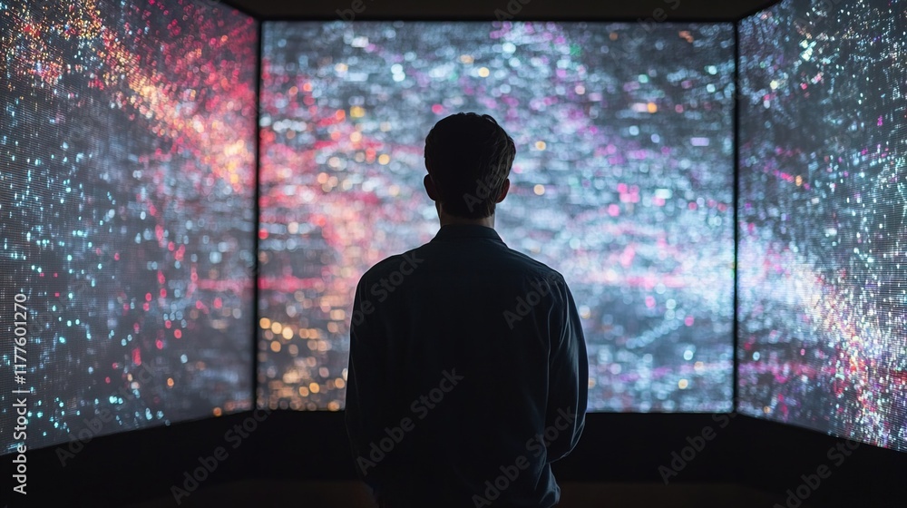 A person analyzes data displayed on a large screen A person analyzes data displayed on a large screen