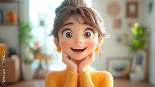 A Bright and Animated Character Portrait with a Cheerful Expression and Playful Pose Against a Homey Background