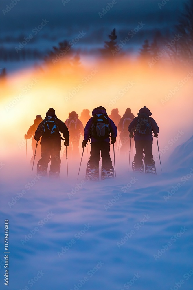 Fototapeta premium group of snowshoers silhouetted against glowing winter horizon trekking through softly blurred snowy terrain