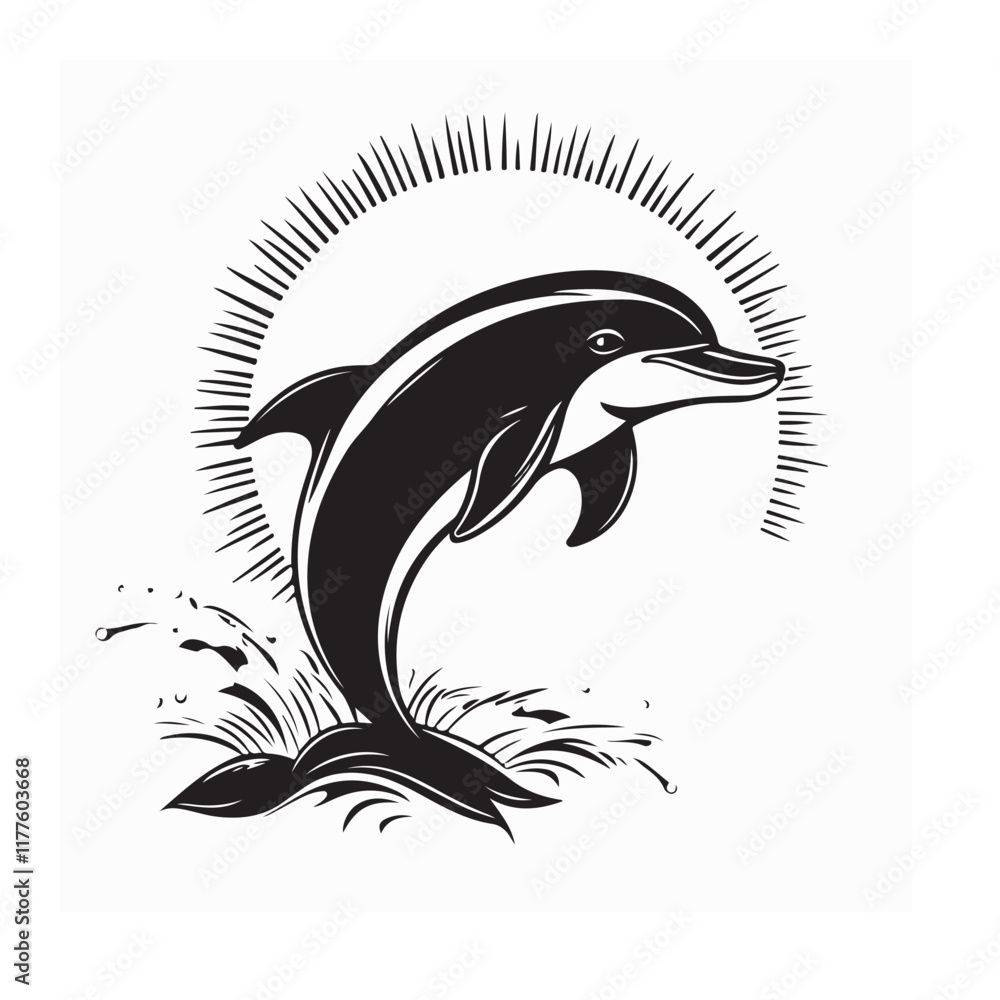 Naklejka premium Vector Illustration of a Dolphin Jumping Out of Water with Sunlight Shining in the Background