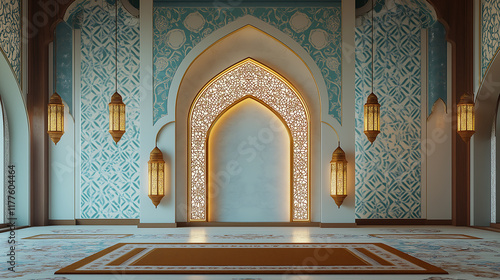 Elegant mihrab in a peaceful mosque interior with hanging lanterns.