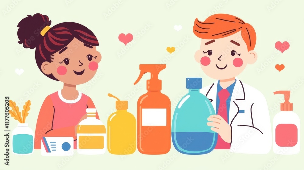 Kids and Hygiene: A happy, colorful illustration of a boy and girl, both dressed as doctors, cheerfully showing a variety of hand hygiene products. Kids and Hygiene: A happy, colorful illustration of a boy and girl, both dressed as doctors, cheerfully showing a variety of hand hygiene products.