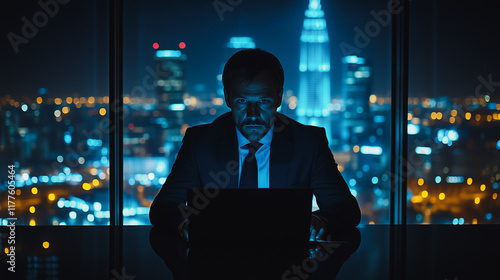 City Lights, Business Vision: A businessman in a suit, illuminated by the glow of a laptop screen, gazes out a window at a captivating cityscape, radiating ambition and focus. photo