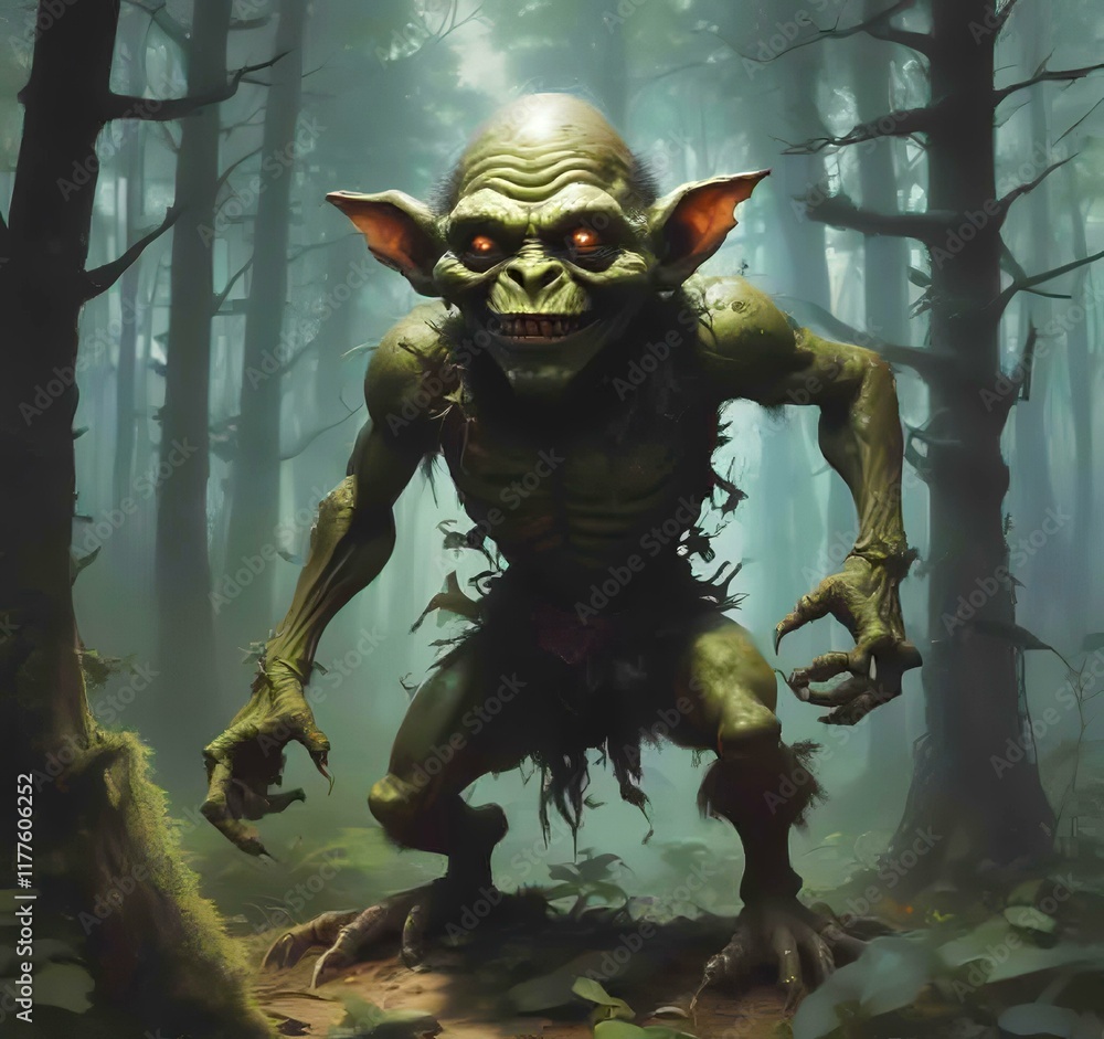 Fototapeta premium Illustration of goblin in wild forest.