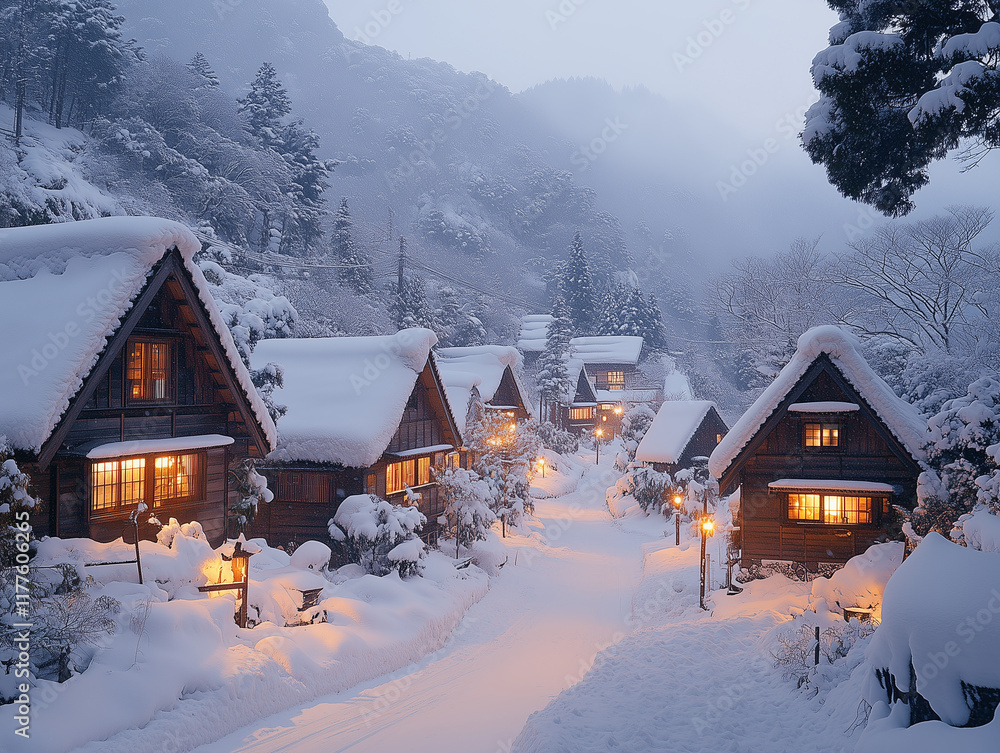Fototapeta premium Traditional Japanese Village Covered in Snow at Twilight: A picturesque snow-covered mountain village with warmly lit wooden houses and a serene atmosphere, surrounded by frosty trees. 