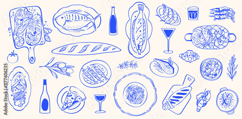 Hand Drawn Foods Clip Art Mediterranean Restaurant Sea Food Menu Background Dolce Vita Vector