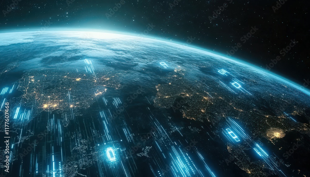 Global Network Digital Data Stream Over Earth at Night Global Network Digital Data Stream Over Earth at Night