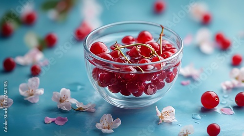 Glass bucket like waterpot of berries with delicate petals on blue background photo